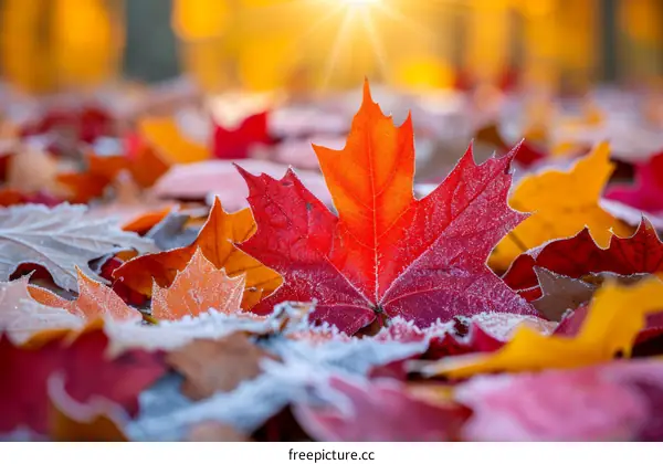 Colorful autumn leaves with a red maple leaf in the center