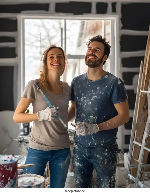 Happy Couple Painting Their New Home Together