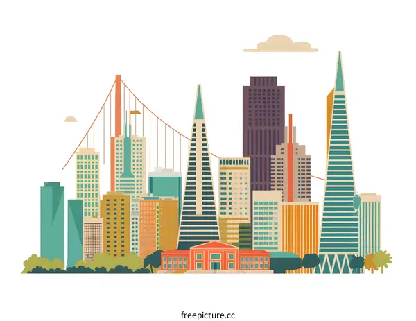 San Francisco Skyline Illustration With Golden Gate Bridge