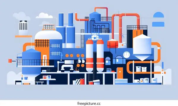 Industrial Plant Illustration with Pipes and Tanks