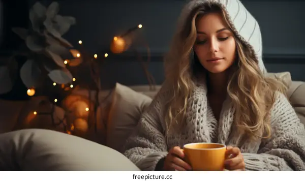 Young woman relaxing on a sofa with a cup of tea