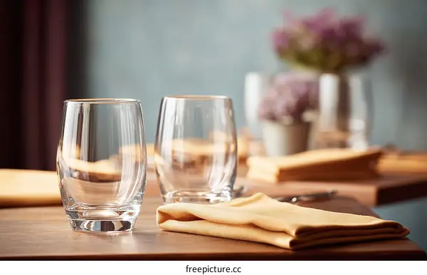 Empty Glasses on a Wooden Table Restaurant Setting