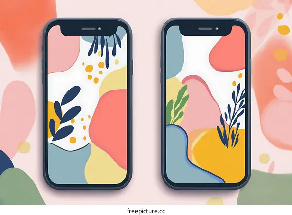 Abstract Phone Wallpaper with Colorful Shapes and Leaves
