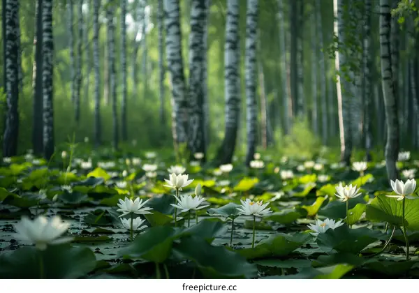 White Water Lilies in a Birch Forest Pond