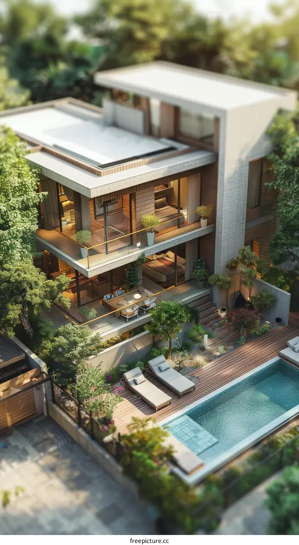 Modern House with Backyard Pool and Garden Illustration