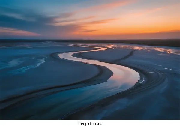 Serene Sunset over Winding River on Vast Plain