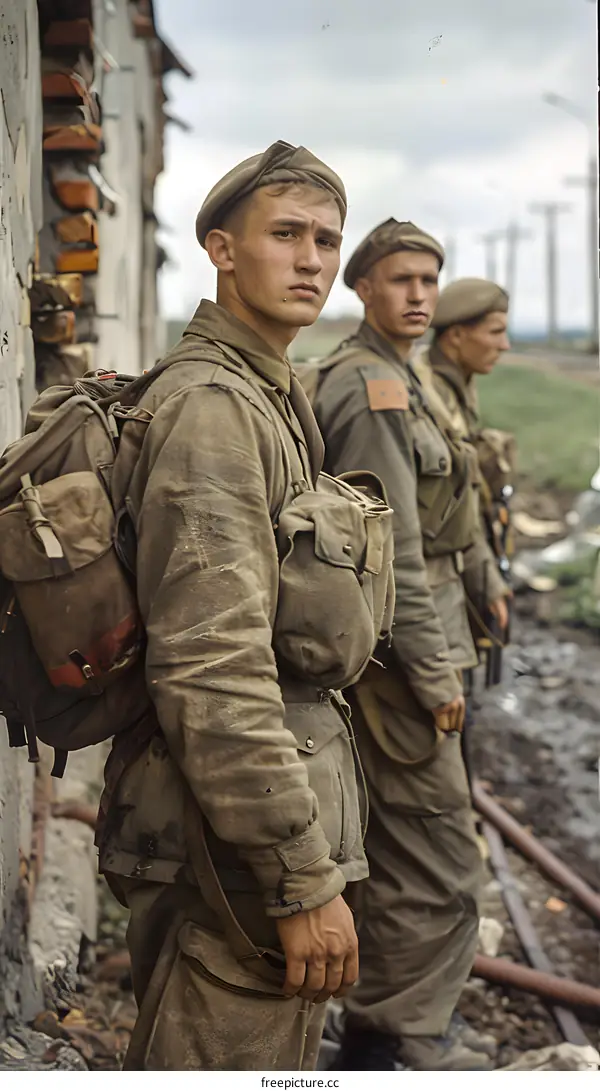 Three soldiers in uniform standing in front of a building