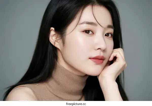 A Young Asian Woman with Long Black Hair Wearing Brown Turtleneck