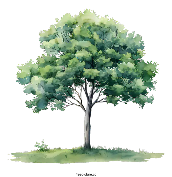 [Transparent Background PNG]watercolor illustration of a single green tree