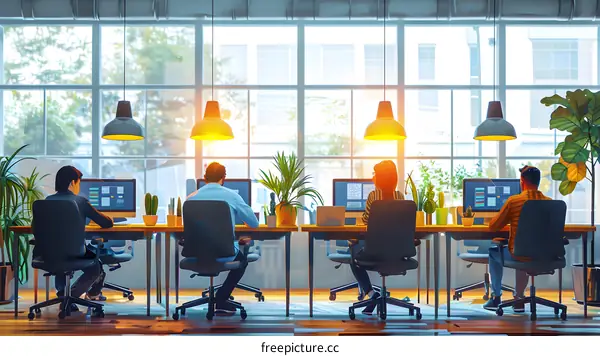 Focused employees working at their desks in a brightly lit office