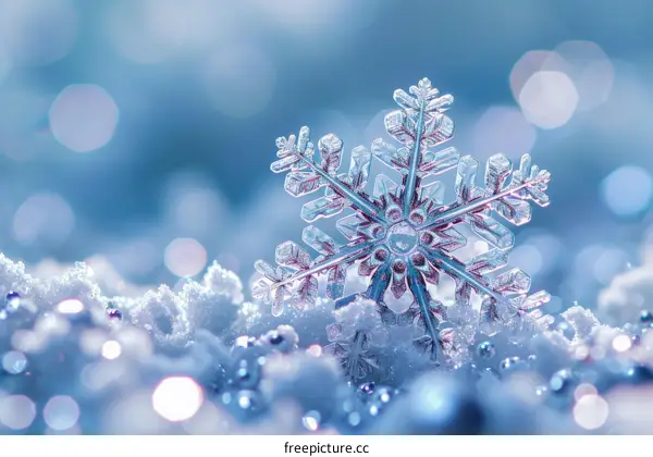 A beautiful snowflake on a snow field with blurred background