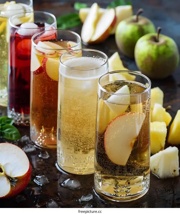 Four Glasses of Apple Cider with Slices of Apple and Pineapple
