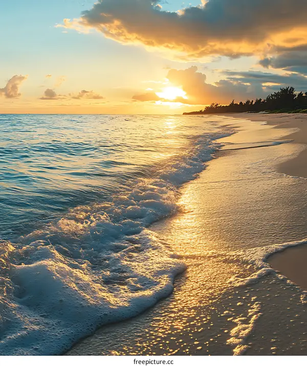 Golden Sunset Over the Ocean Waves on a Sandy Beach