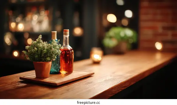 Stylish Bar Counter Display with Bottles and Plants