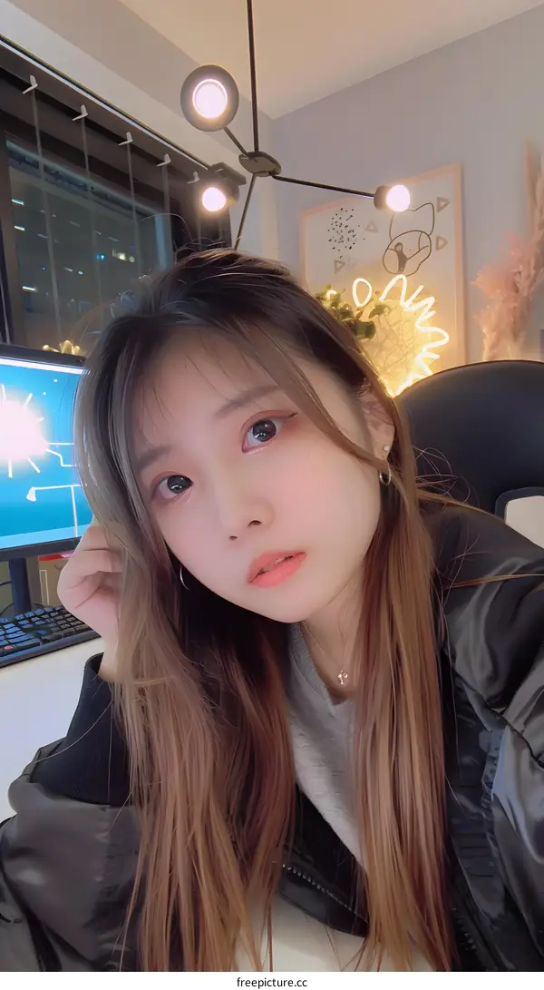 Young Asian Woman in Black Jacket Taking a Selfie