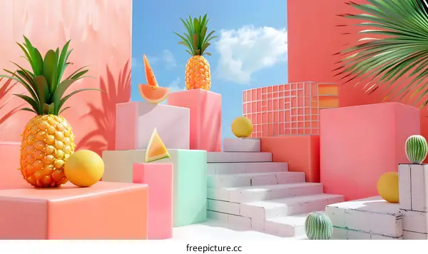 Summer Fruit Scene with Pink and Green Geometric Shapes