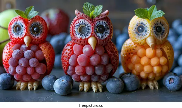 Cute Owl Fruit Platter: Strawberries, Grapes, Kiwi, Blueberries