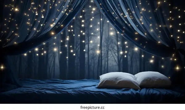 Bedroom with a view of the night forest