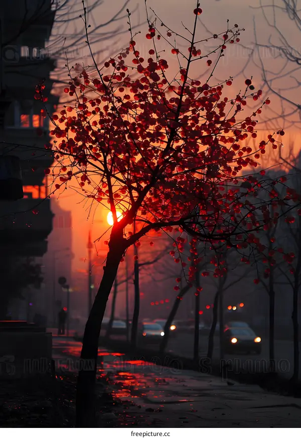 Tree with red leaves in front of the setting sun