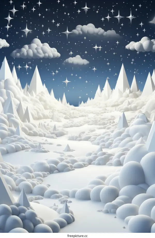 Mystical Snowy Landscape with Clouds and Stars