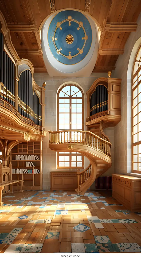 Spiral Staircase and Organ in a Grand Hall