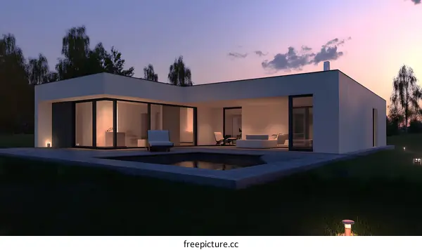 Modern Minimalist House with Pool and Sunset Sky