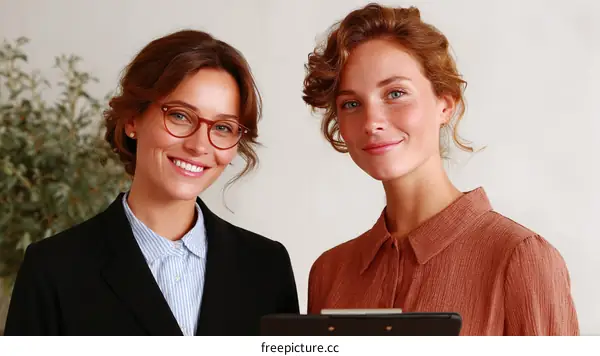 Two women in business attire standing together in an office setting