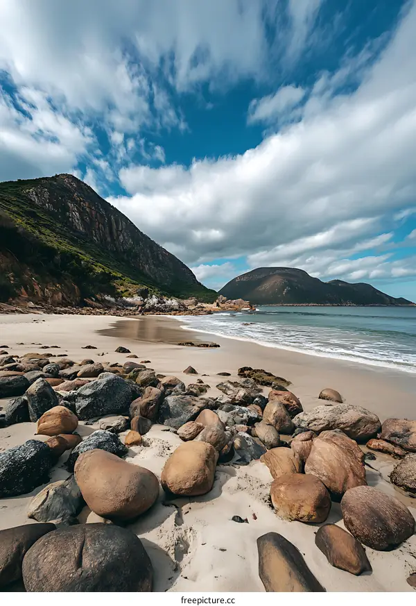 Stunning View of Sandy Beach with Mountains and Blue Sky