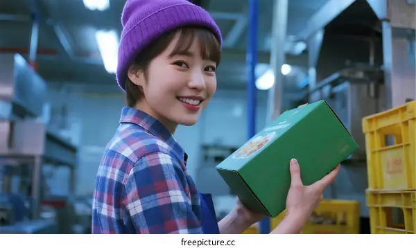 A young woman working in a food production factory holding a green box