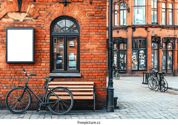 Black Bicycle Parked in Front of Brick Building with Blank Sign