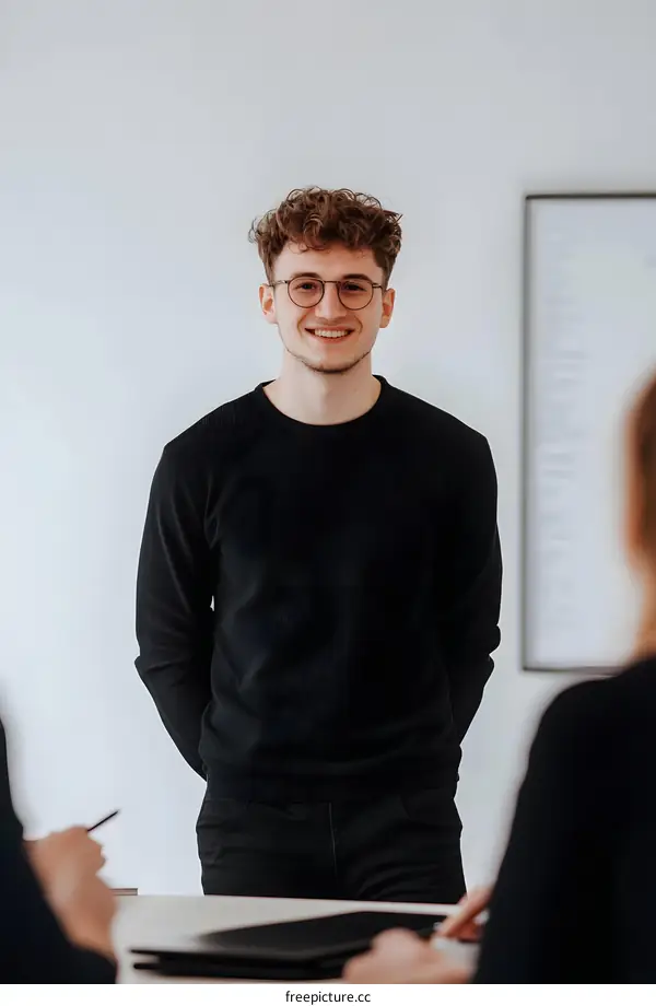 Smiling Man with Curly Hair Wearing Glasses in Meeting