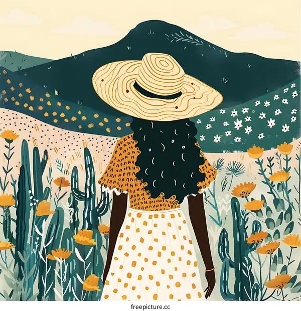 Woman in a Field of Flowers and Cacti