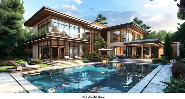 Modern House with Swimming Pool and Backyard Landscaping