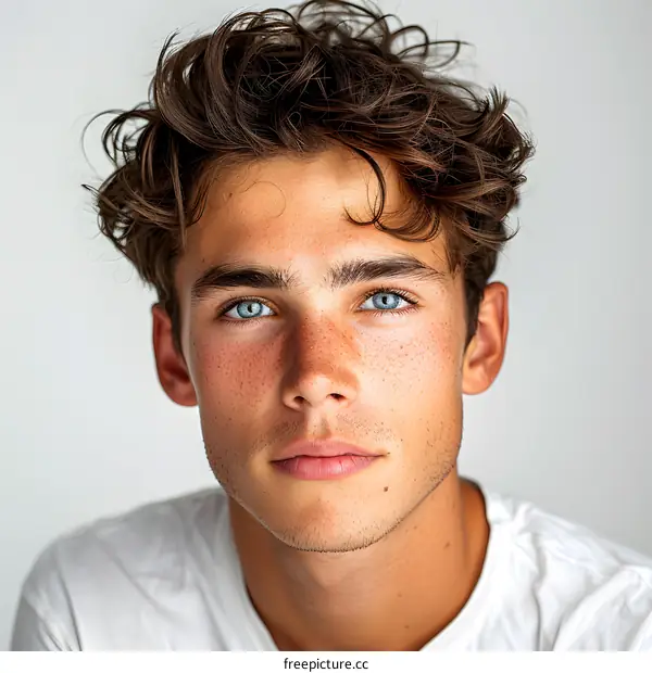 Portrait of a young man with freckles and blue eyes