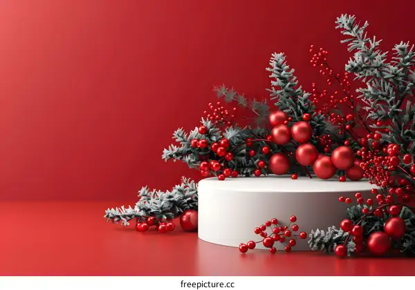 Red Christmas Ornament and Holly Branch Minimalist Product Display
