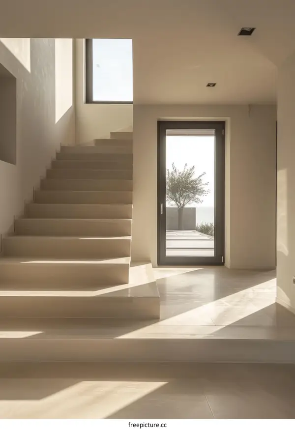 Bright Staircase With Large Windows And Door
