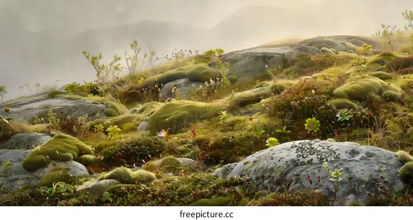 Mountainous Landscape With Mossy Rocks and Fog