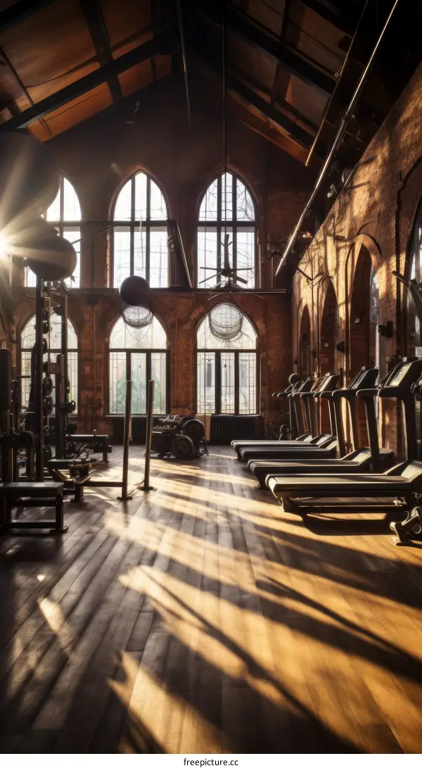 Retro styled empty fitness center with brick walls and large windows