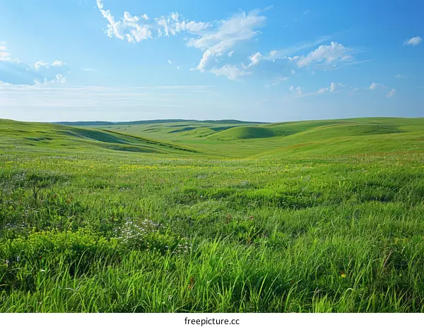 Green rolling hills under blue sky with white clouds