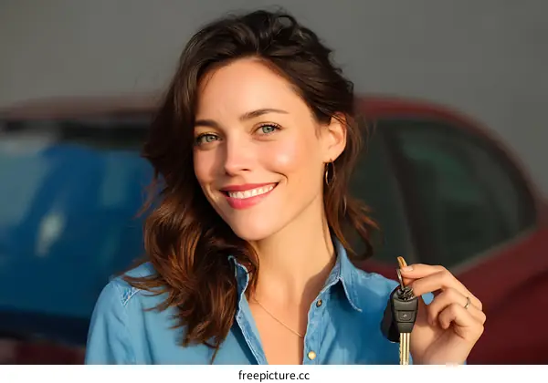 Happy Woman Holding Car Keys Outdoors