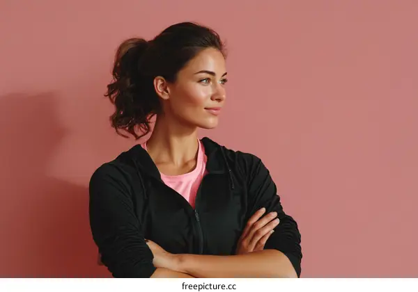 Confident Woman in Sporty Outfit Against Pink Background