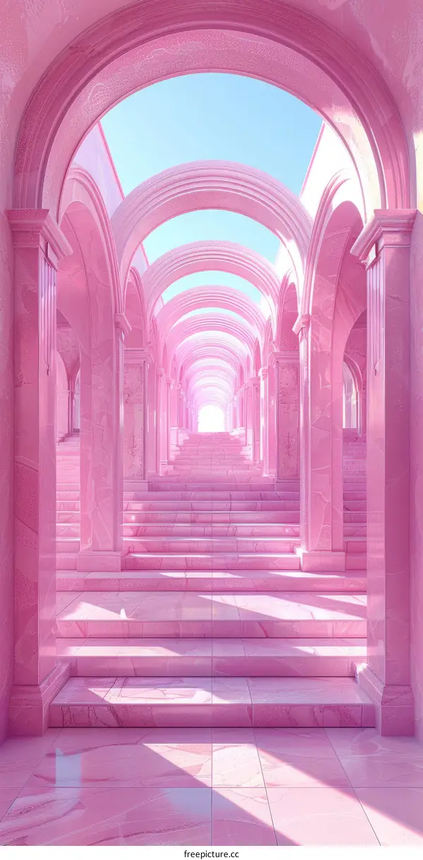 Pink surreal hallway with arches and stairs
