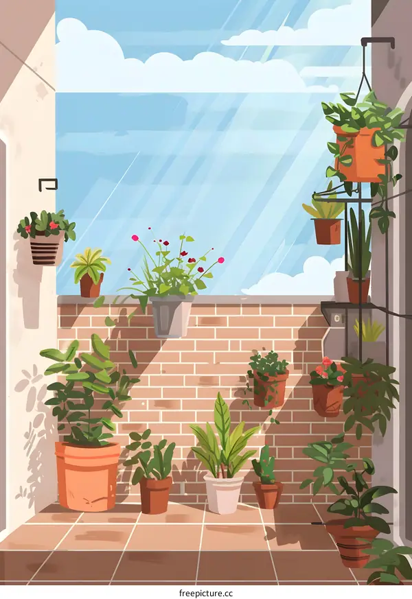 Balcony Garden with Brick Wall and Potted Plants