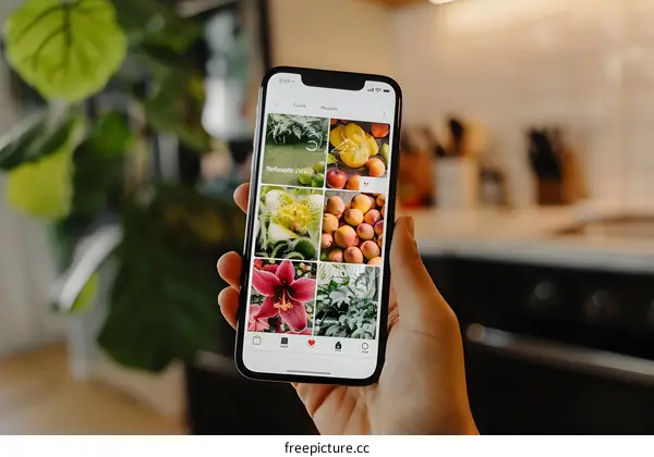 Person Holding Phone with Pictures of Flowers and Fruits