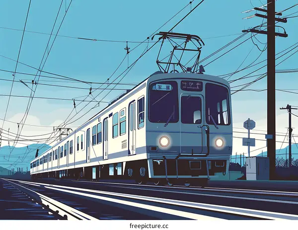 Train Traveling Through Blue Skies and Power Lines