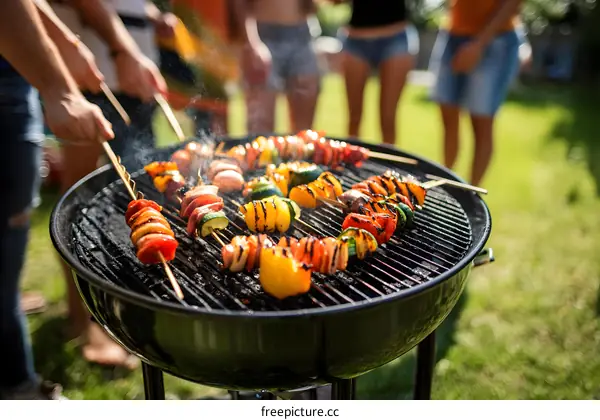 Grilled Vegetables On Skewers Over Charcoal Grill At A Summer Party