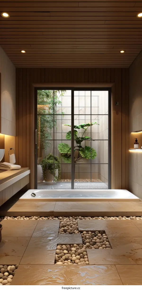 Japanese Style Bathroom with Plants and Zen Decor