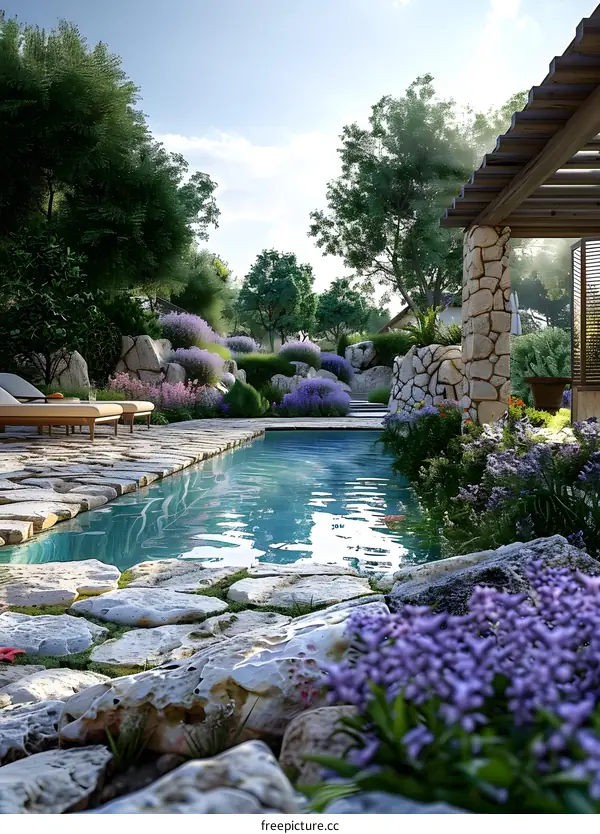 A swimming pool among rocks and lavender flowers