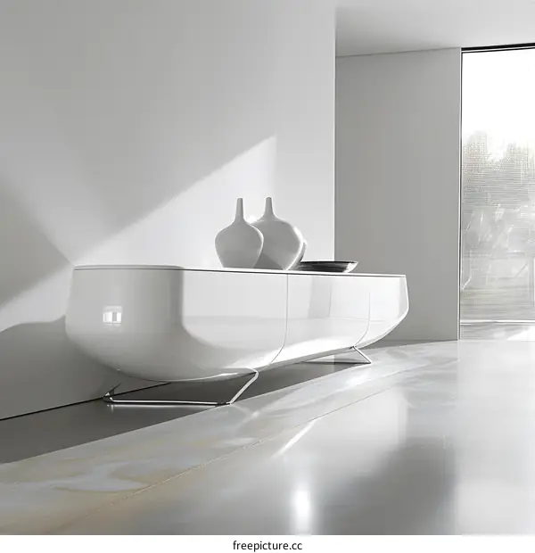 Modern White Sideboard With Chrome Legs In Minimalist Interior