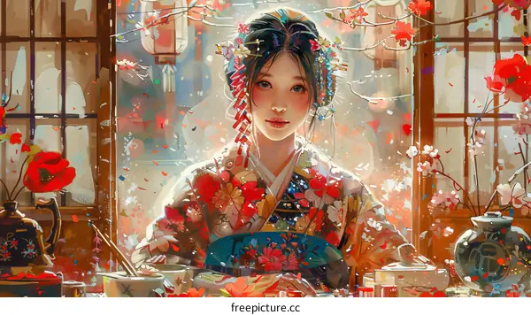 A beautiful Japanese woman in a kimono standing in a traditional Japanese room.